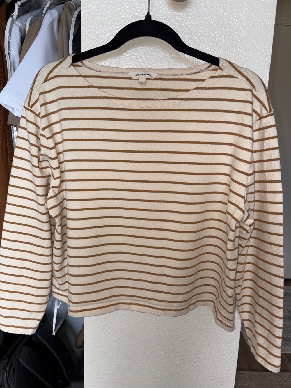 Lucky Brand Cream & Tan Striped Long Sleeve Tee